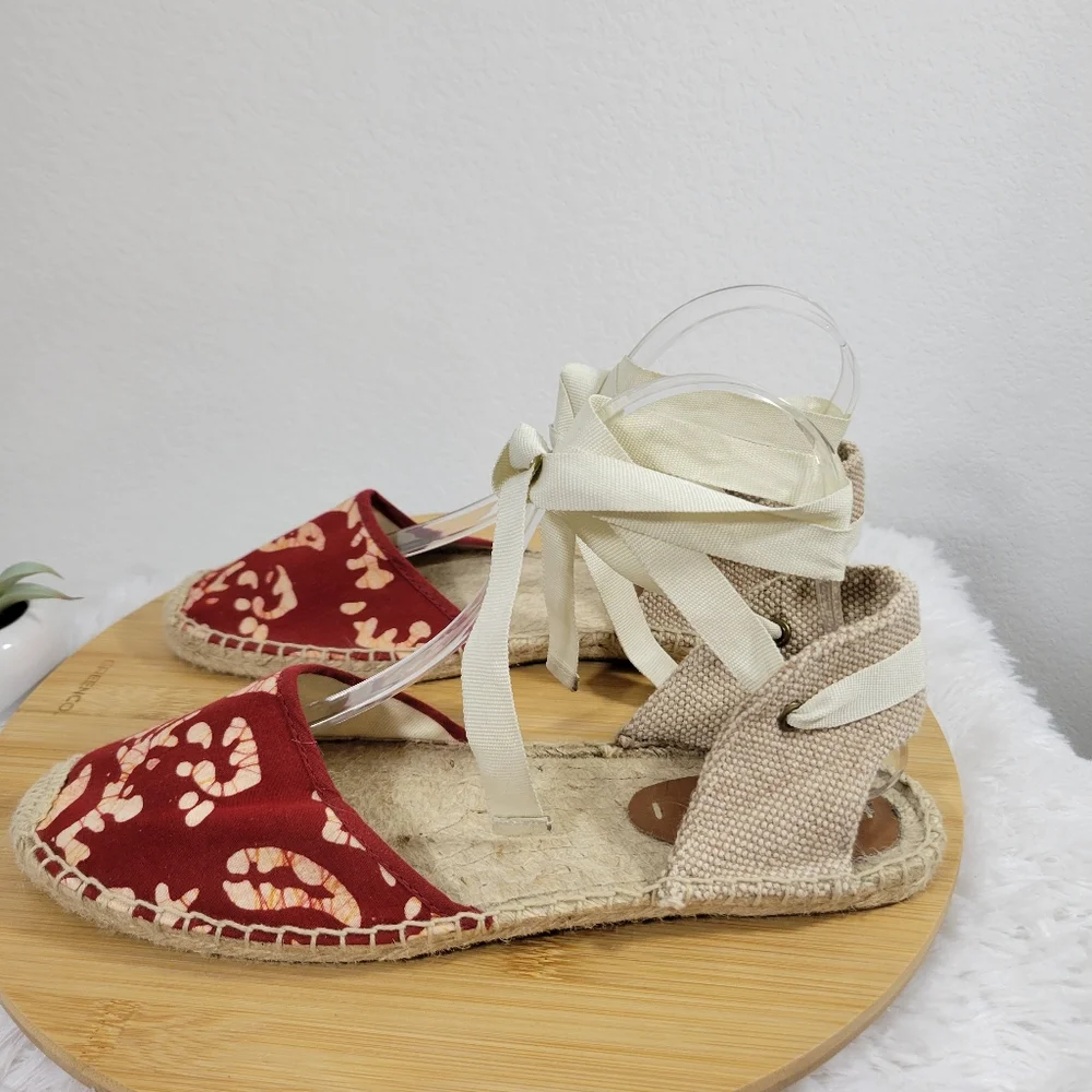 SOLUDOS x WREN Batik red ankle tie open heel boho summer espadrille sandals